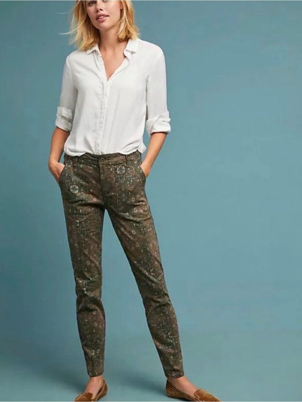 Anthropologie Olive Printed Skinny Ankle Pants